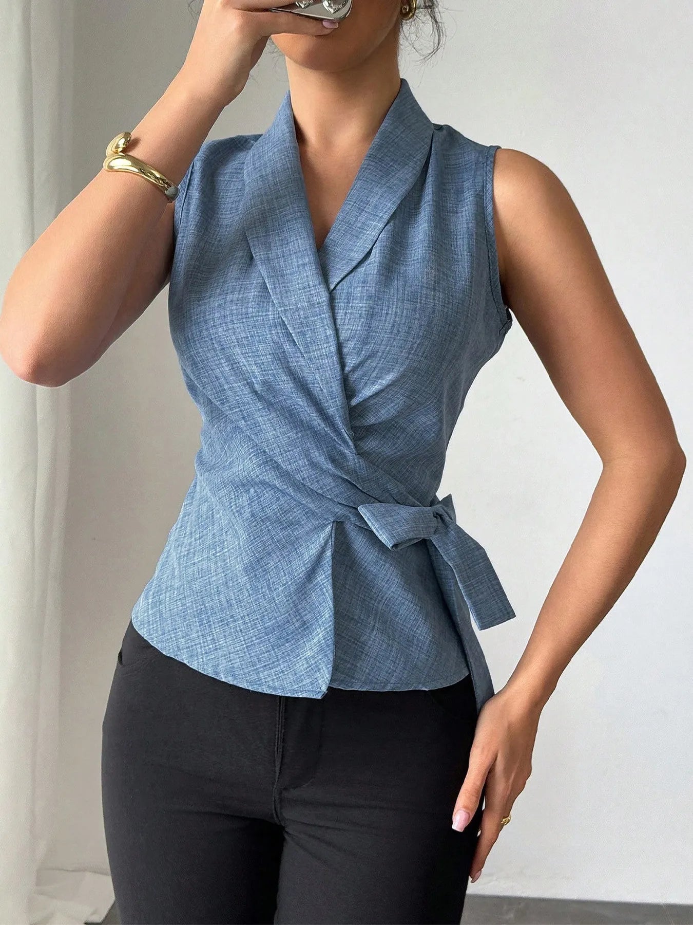 Sleeveless Tied Surplice Top