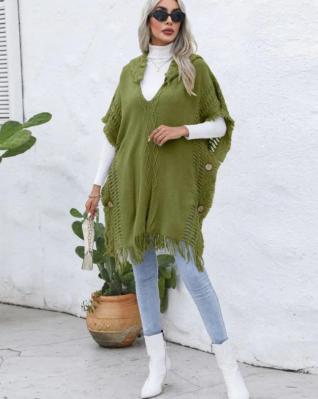 Fringe Trim Buttoned Hooded Poncho Matcha Green One Size