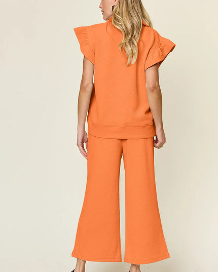 Double Take Texture Ruffle Short Sleeve Top and Drawstring Wide Leg Pants Set