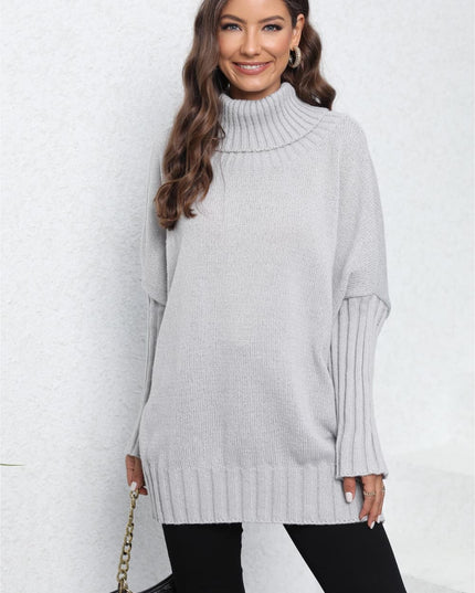 Turtle Neck Long Sleeve Ribbed Sweater Light Gray One Size