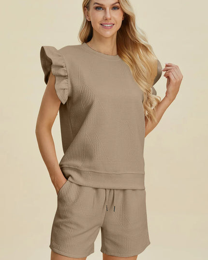 Double Take Full Size Texture Round Neck Ruffle Sleeve Top and Shorts Set Khaki