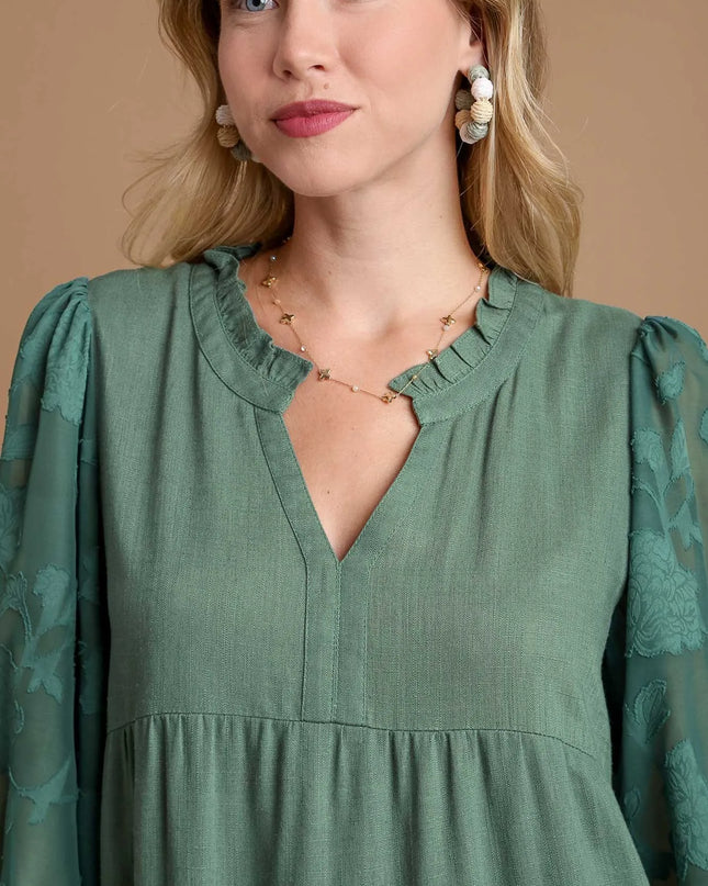 Umgee Floral Contrast Sleeve Tiered Dress