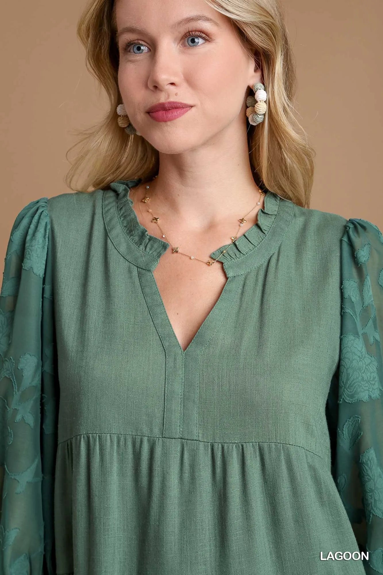 Umgee Floral Contrast Sleeve Tiered Dress