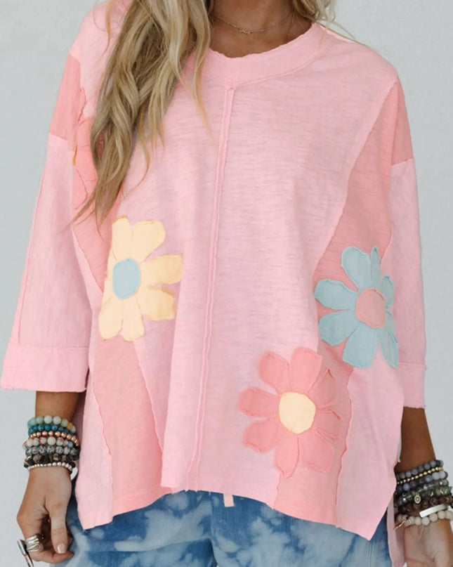 Flower Patched Exposed Seam Oversized T Shirt Watermelon pink