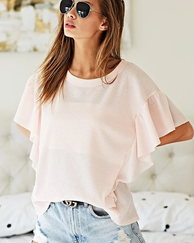 BiBi Thermal Knit with Ruffled Sleeve Top