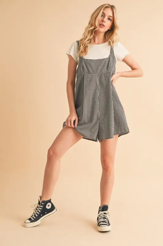 Aemi+Co Plaid Square Neck Romper NAVY