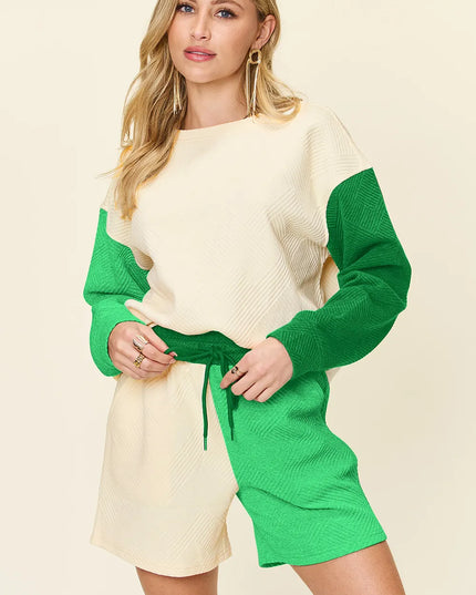 Double Take Full Size Contrast Drop Shoulder Top and Shorts Set Mid Green