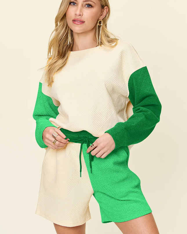 Double Take Full Size Contrast Drop Shoulder Top and Shorts Set Mid Green