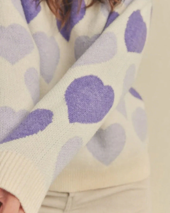 Heart Ribbed Hem Long Sleeve Sweater