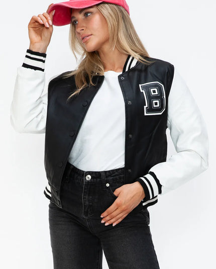 Love Me Now PU Leather Contrast Snap Down Bomber Jacket