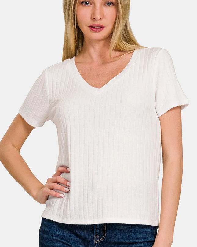 Zenana Ribbed Short Sleeve T-Shirt Off White