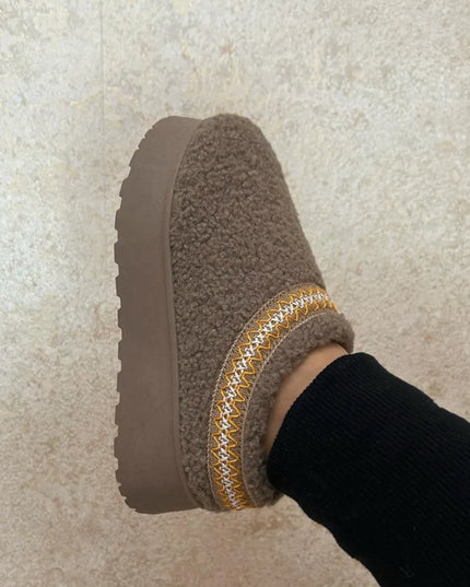 WILD DIVA Embroidered Trim Platform Sherpa Boots Taupe