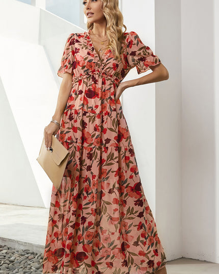 Floral V-Neck Short Flounce Sleeve Dress 