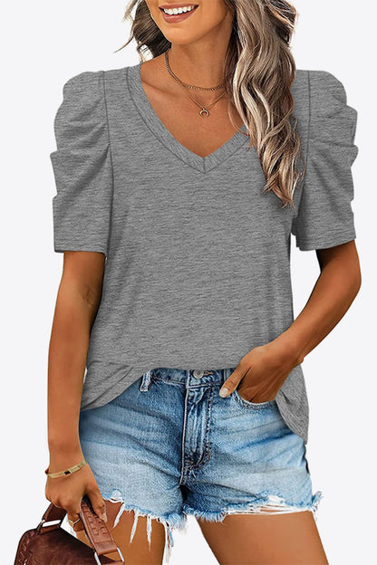V-Neck Puff Sleeve Tee Mid Gray