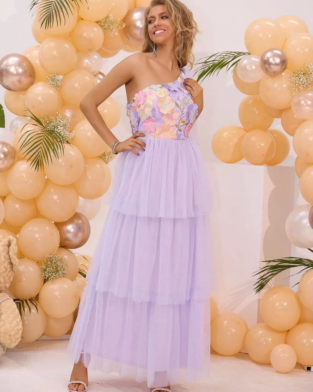 Embroidered Layered Single Shoulder Dress 