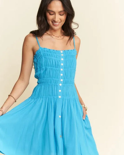 Davi & Dani Smocking Bodice Sleeveless Button Down Mini Dress Azure