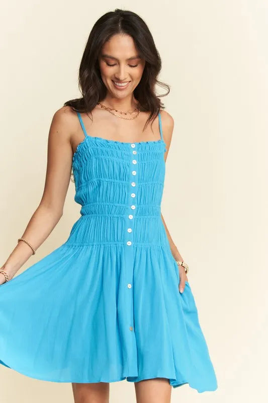 Davi & Dani Smocking Bodice Sleeveless Button Down Mini Dress Azure