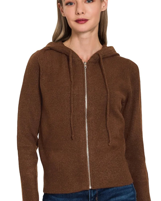 Zenana Drawstring Zip Up Hooded Cardigan BROWN