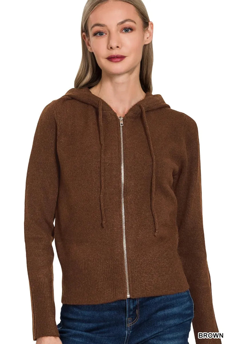 Zenana Drawstring Zip Up Hooded Cardigan BROWN