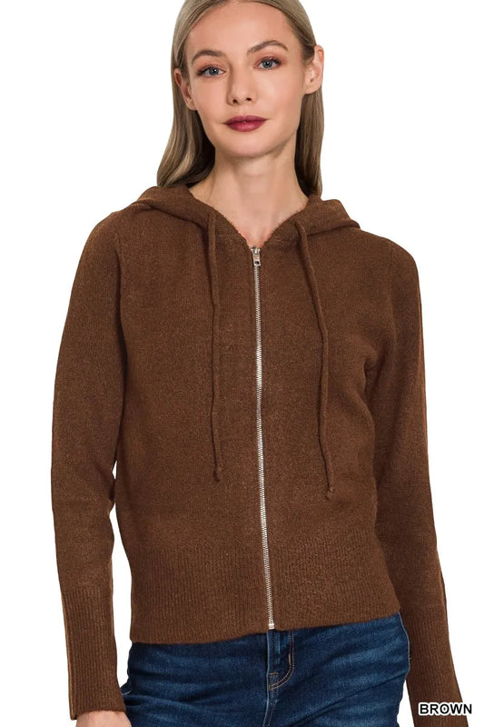 Zenana Drawstring Zip Up Hooded Cardigan BROWN