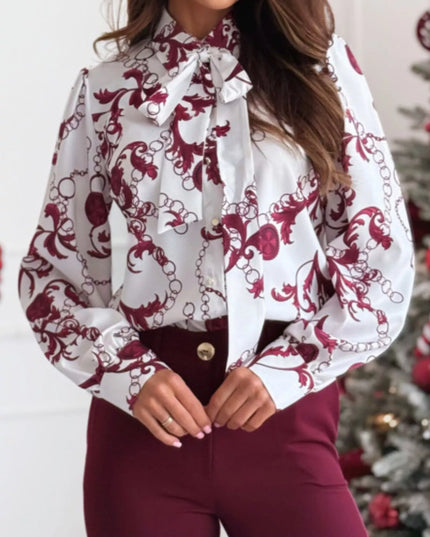 Tie Front Printed Long Sleeve Shirt White Red Flower