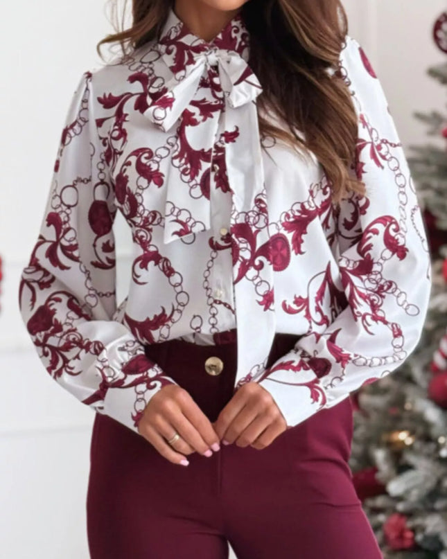 Tie Front Printed Long Sleeve Shirt White Red Flower