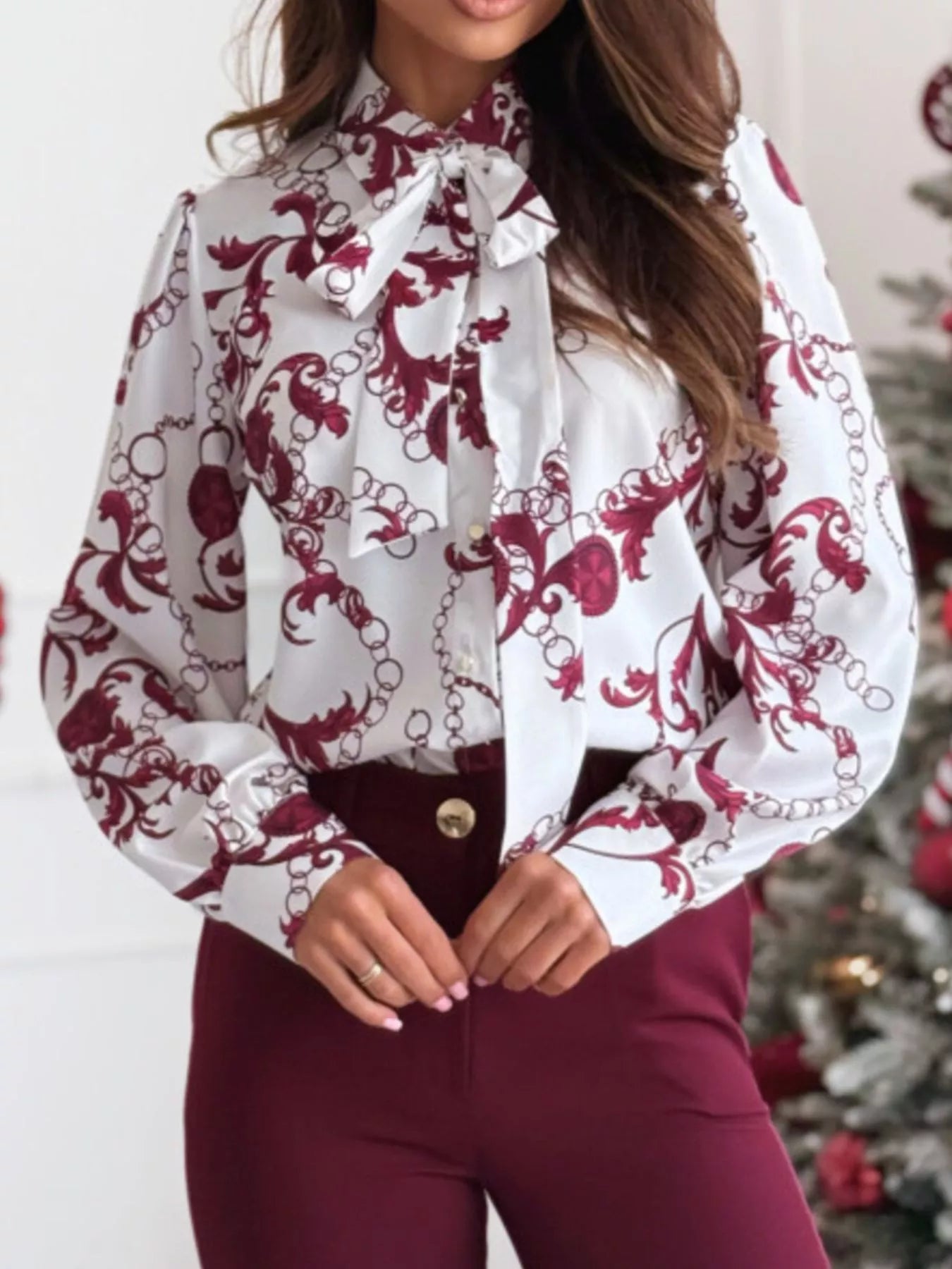 Tie Front Printed Long Sleeve Shirt White Red Flower