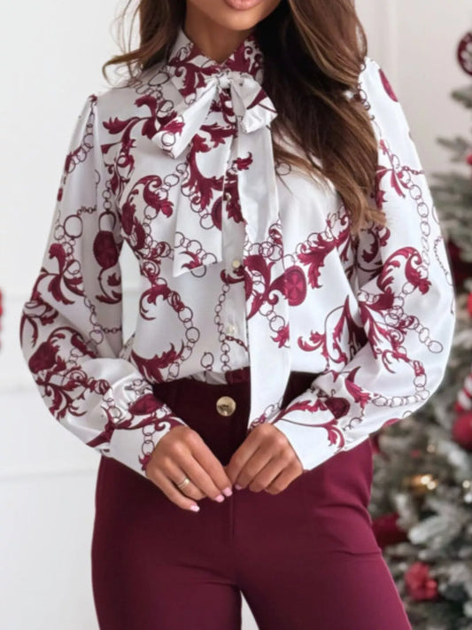Tie Front Printed Long Sleeve Shirt White Red Flower