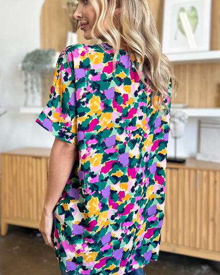 Double Take Full Size Printed V-Neck Short Sleeve Side Slit Top