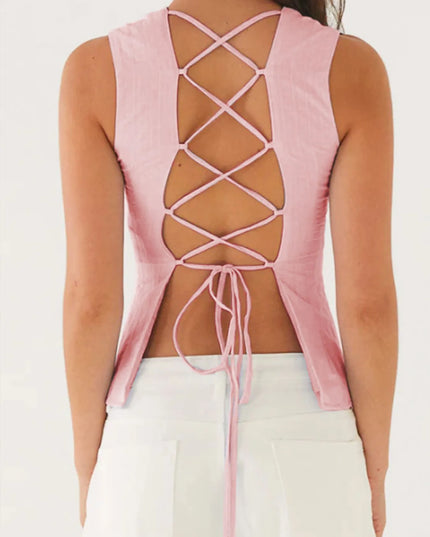 Back Lace Up Sleeveless Top with Cinched Waist Design