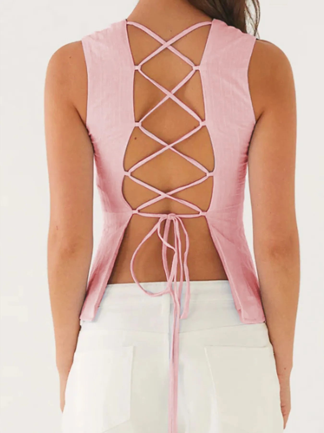 Back Lace Up Sleeveless Top with Cinched Waist Design