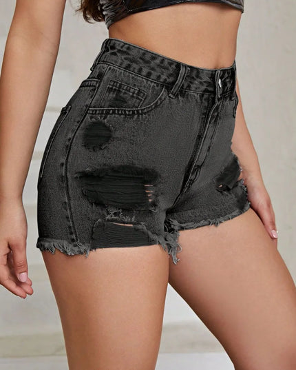 Distressed Raw Hem High Rise Denim Shorts