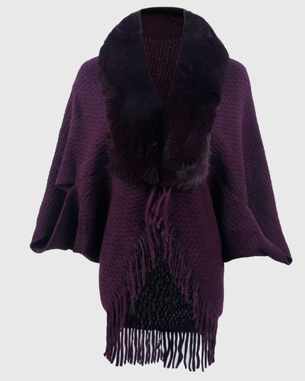 Open Front Fringe Hem Poncho Plum One Size