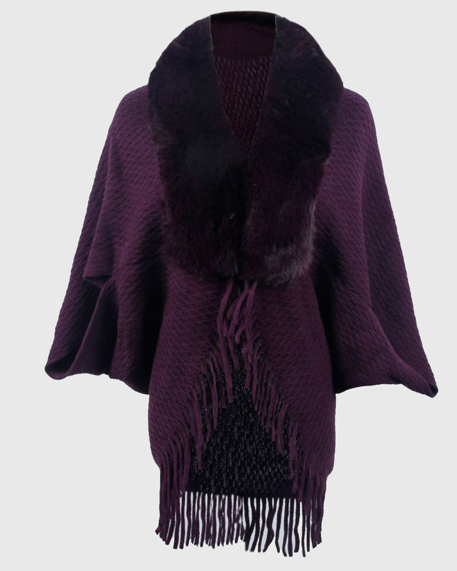 Open Front Fringe Hem Poncho Plum One Size