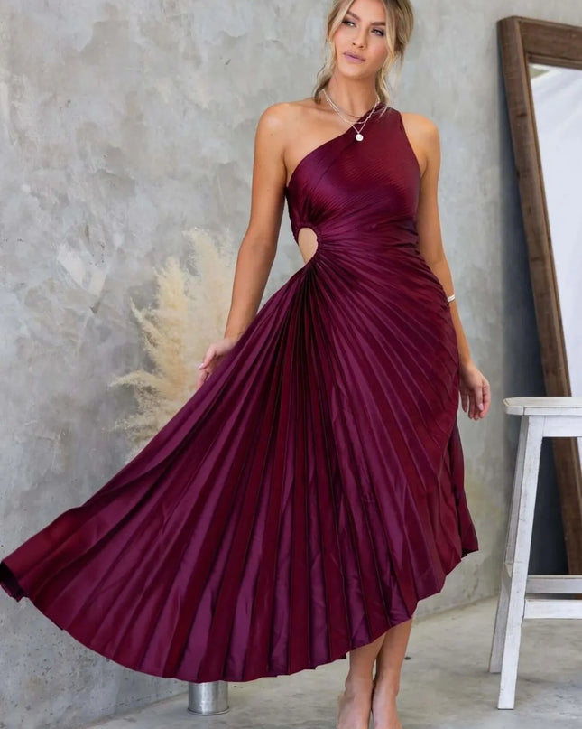 Full Size Single Shoulder Pleated Midi Dress Plus Size 