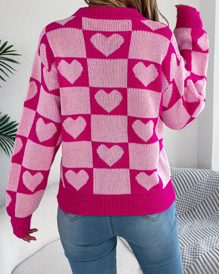 Heart Checkerboard Pattern Round Neck Sweater