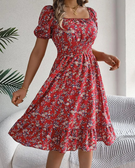 Ruffled Hem Floral Puff Sleeve Dress