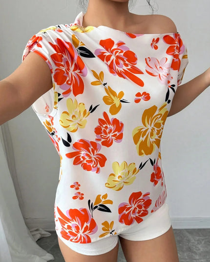 Floral Print One Shoulder Short Sleeve Blouse White