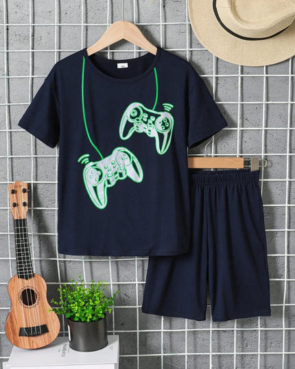 Children's Graphic Round Neck T-Shirt and Pants Set Black