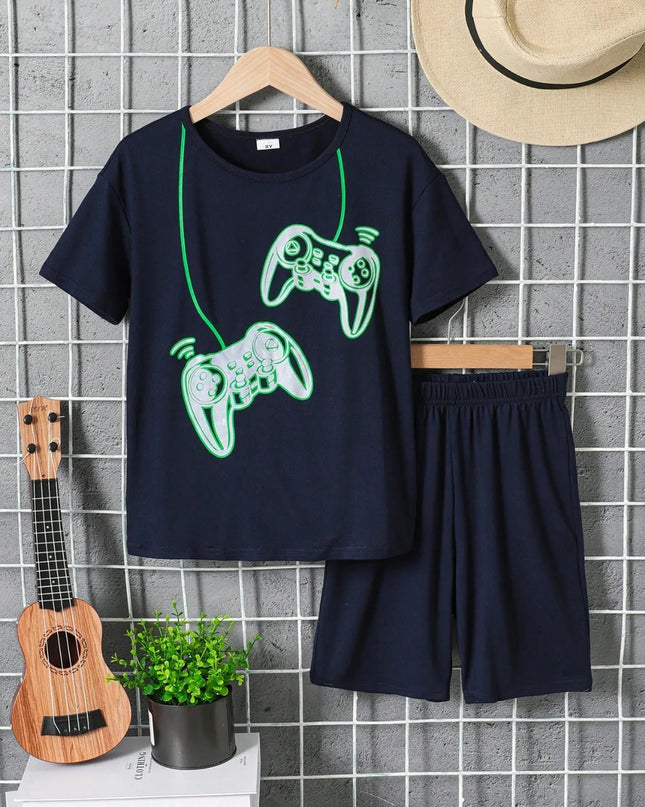 Children's Graphic Round Neck T-Shirt and Pants Set Black