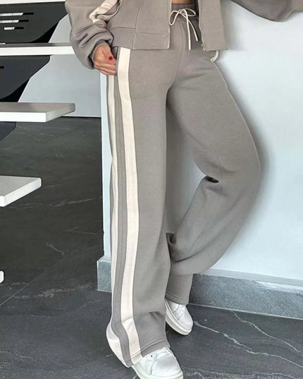 Full Size Contrast Stripe Zip Up Jacket and Pants Set Plus Size