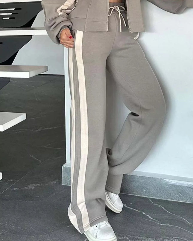 Full Size Contrast Stripe Zip Up Jacket and Pants Set Plus Size