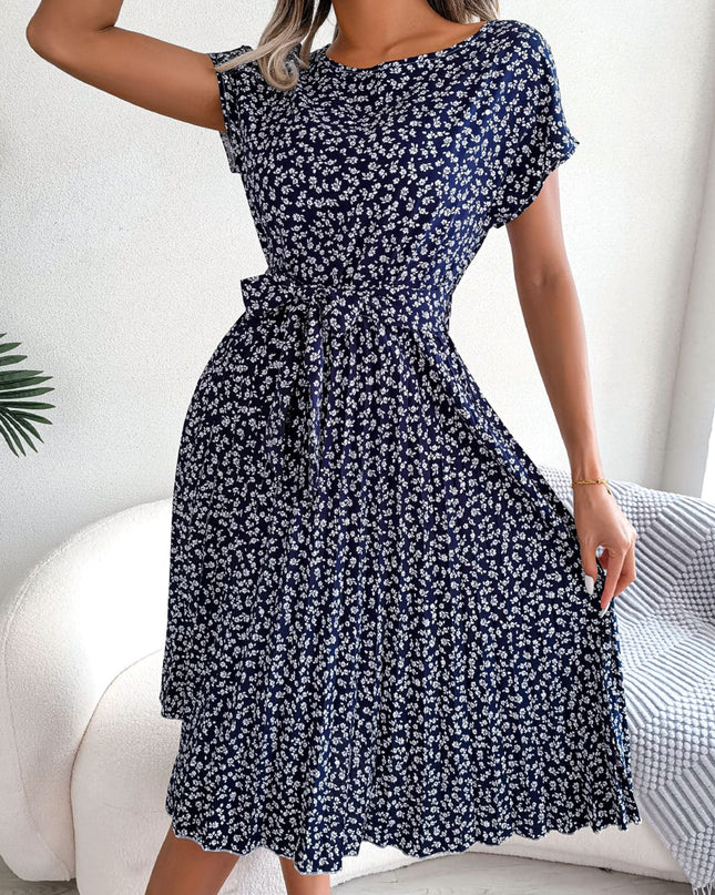 Ditsy Floral Pleated Belted Dress Navy