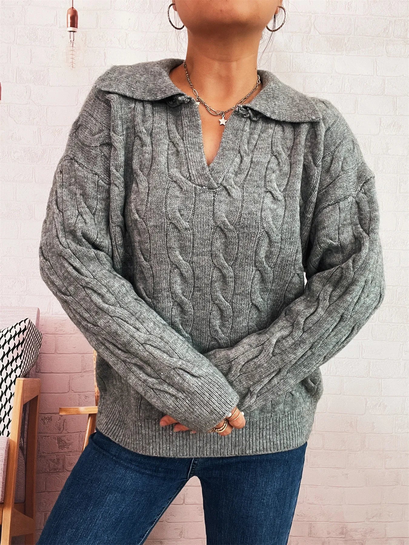 Cable Knit Johnny Collar Sweater