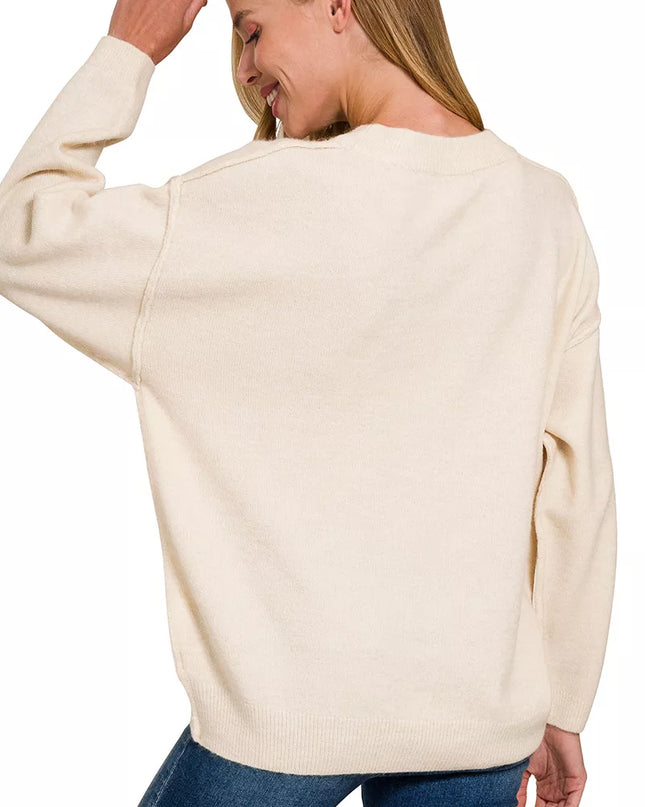 Zenana Melange Front Seam Round-Neck Sweater