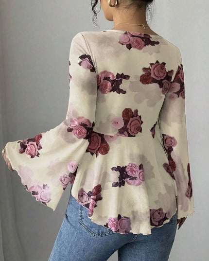 Floral Tie Front Flare Sleeve Blouse