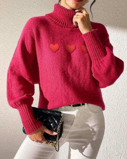 Heart Turtleneck Long Sleeve Sweater