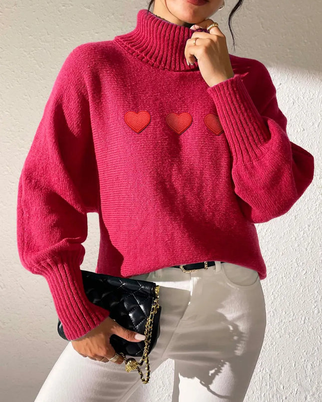 Heart Turtleneck Long Sleeve Sweater