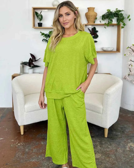 Double Take Full Size Texture Round Neck Short Sleeve T-Shirt and Wide Leg Pants