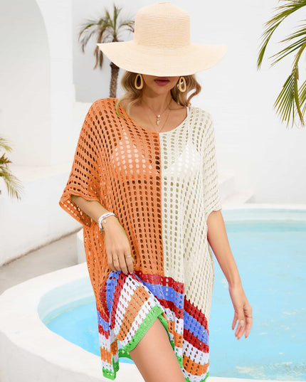 Contrast Scoop Neck Openwork Half Sleeve Cover Up